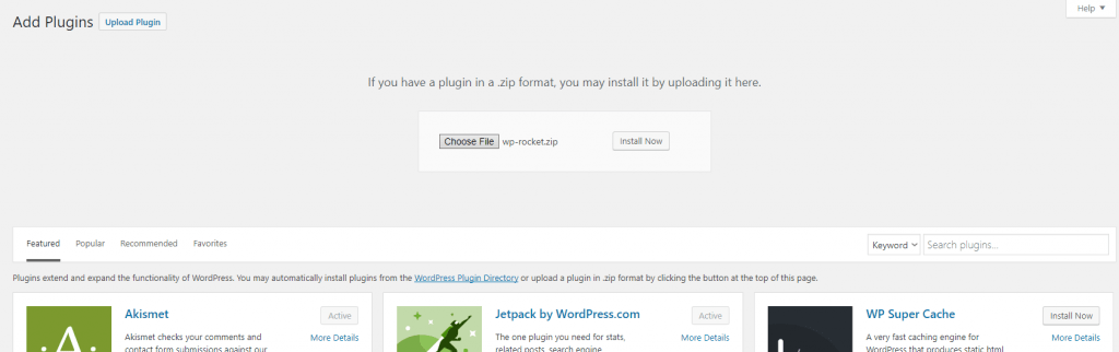 Upload WP Rocket plugin